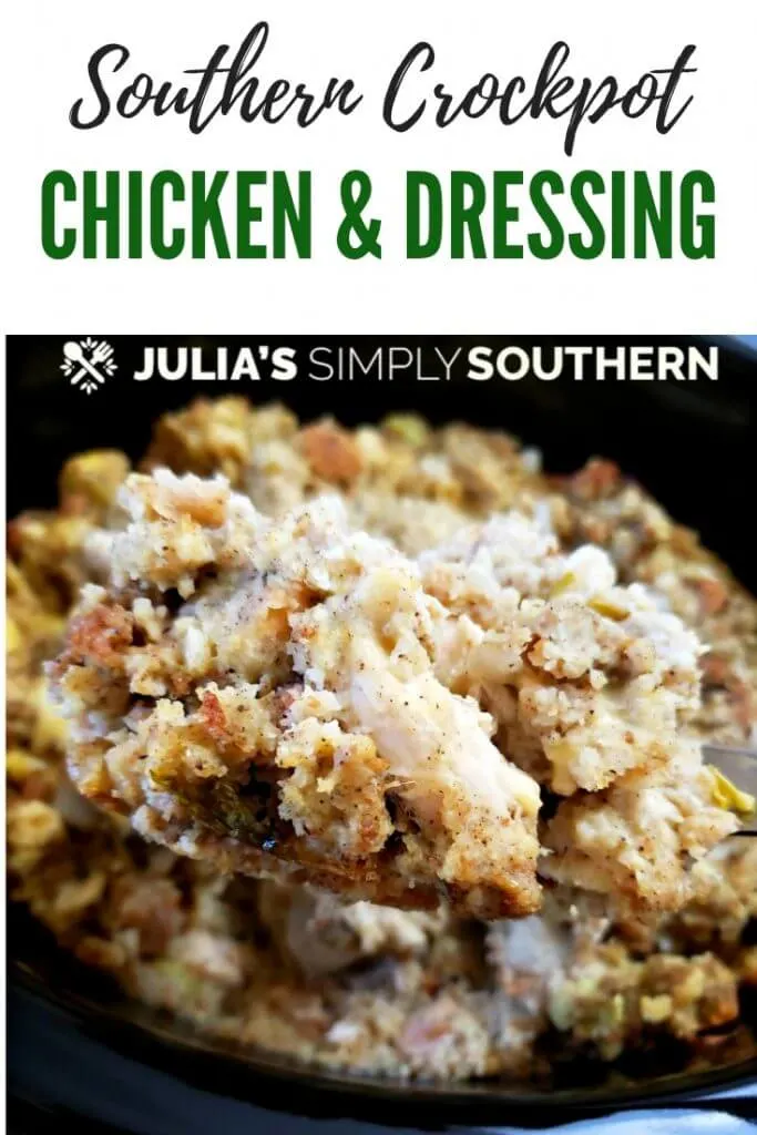 Pinterest Crock Pot Chicken and Dressing Recipe. This easy slow cooker meal is super simple for weeknight family dinners and perfect for stress free holiday cooking. Delicious chunks of chicken with a traditional style Southern cornbread dressing is a pure comfort food meal. #crockpotdressing #slowcookerstuffing #chickenanddressing #easyrecipes #chickenrecipes #crockpotcasserole