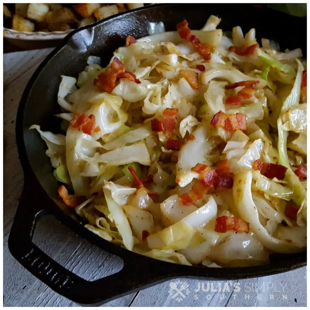 Southern fried cabbage in a cast iron skillet with bacon