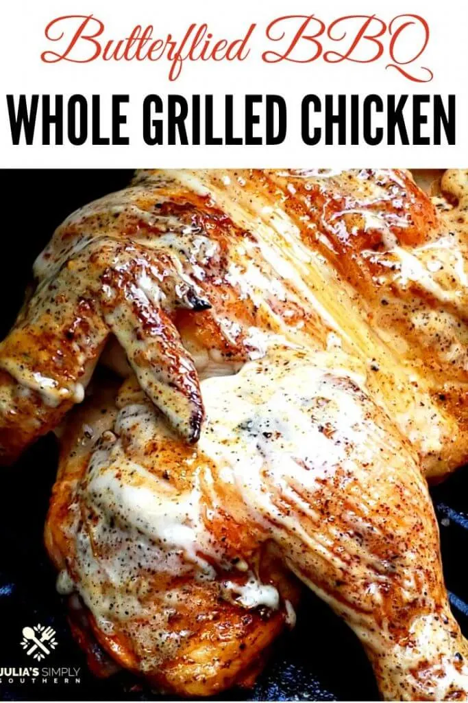 Pinterest image for a grilled whole chicken recipe spatchcock style with barbecue sauce