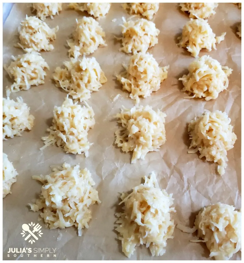 Macaroon cookie dough on a baking sheet for baking