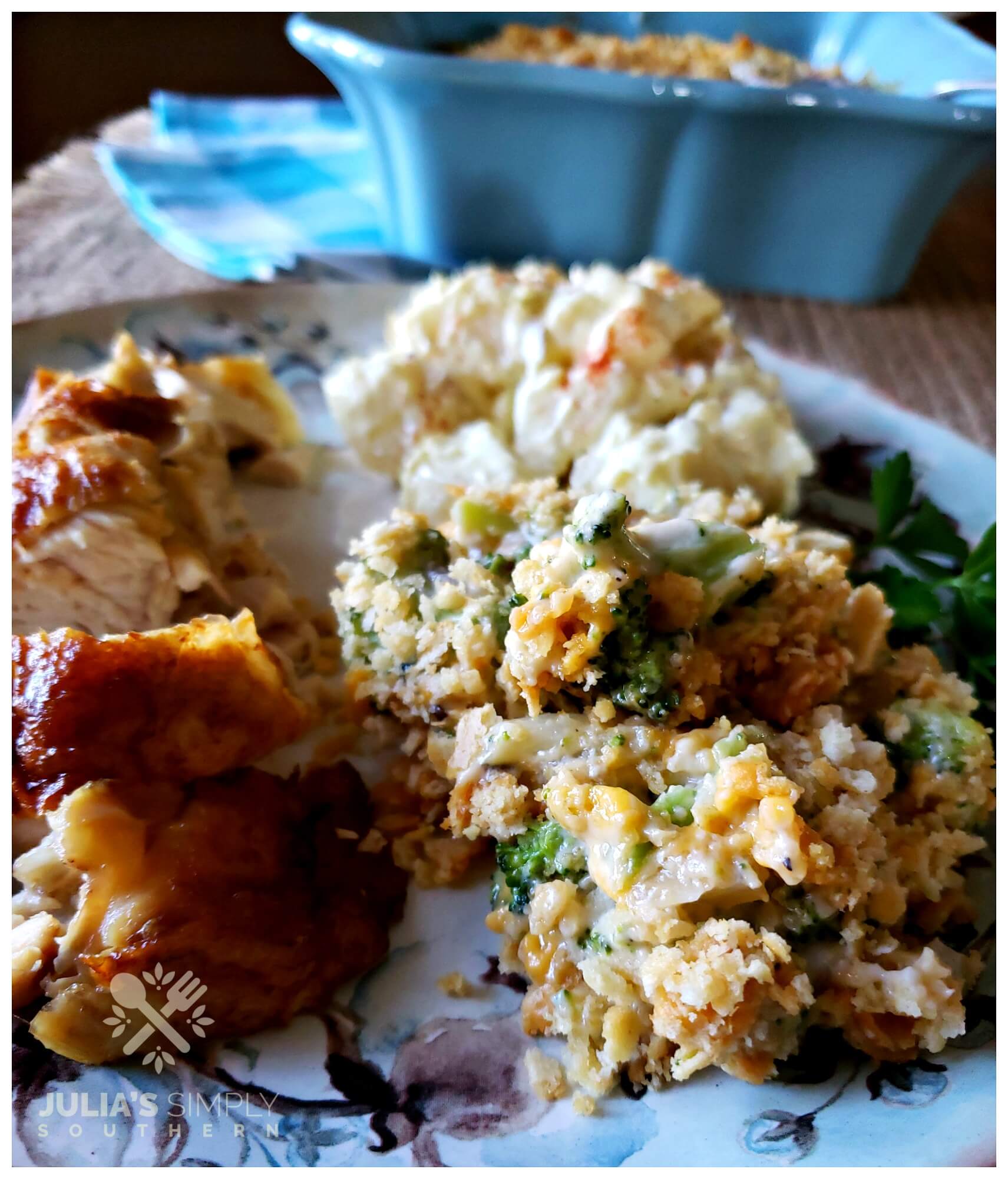 Classic Southern Broccoli Casserole Julias Simply Southern   Plate With Southern Food Broccoli Casserole Roasted Chicken Potato Salad Cotton Boll China Julias Simply Southern 