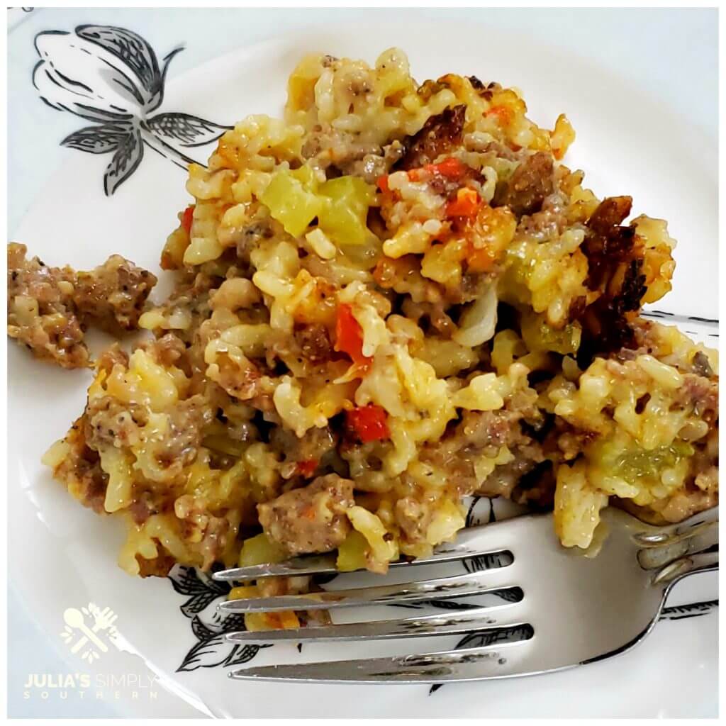 Plate of sausage and rice casserole, a Southern recipe