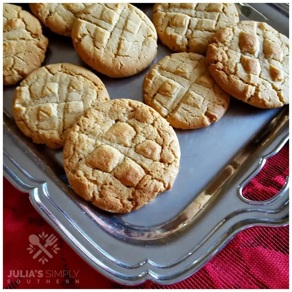 Fresh baked peanut butter cookies on a serving platter for the holidays