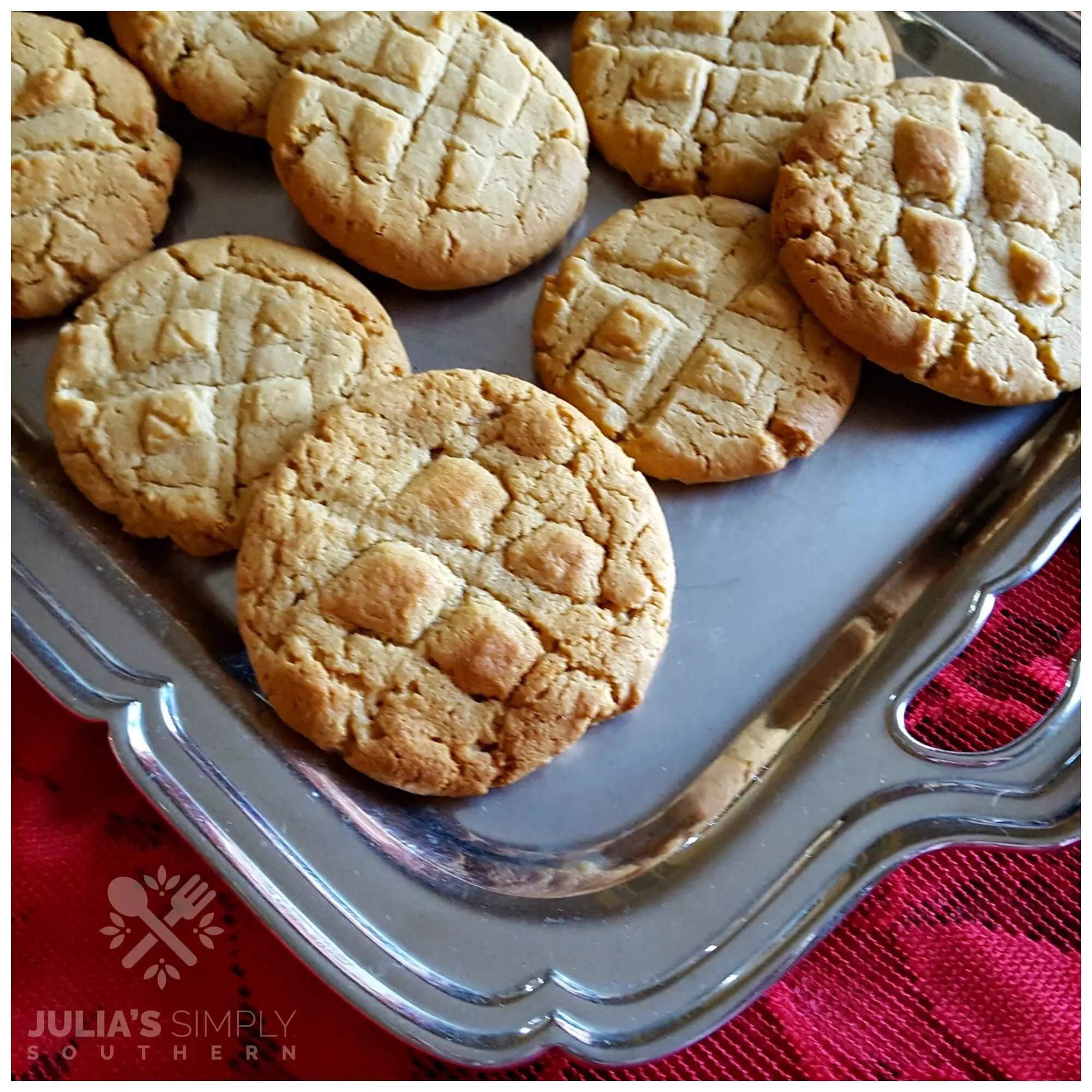 Fresh baked peanut butter cookies on a serving platter for the holidays