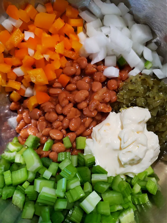 ingredients in a mixing bowl for pork and bean salad mayonnaise dressing