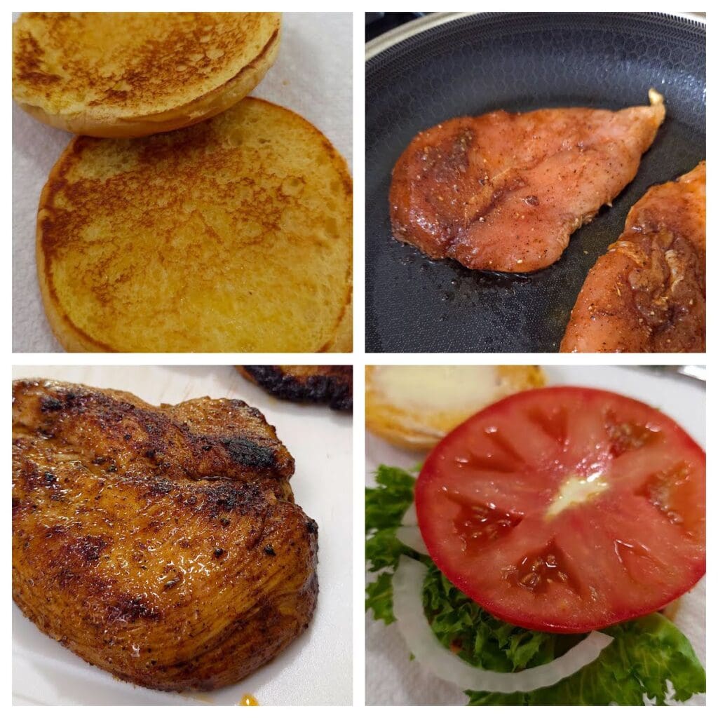 Second collage of steps for preparing blackened chicken sandwiches