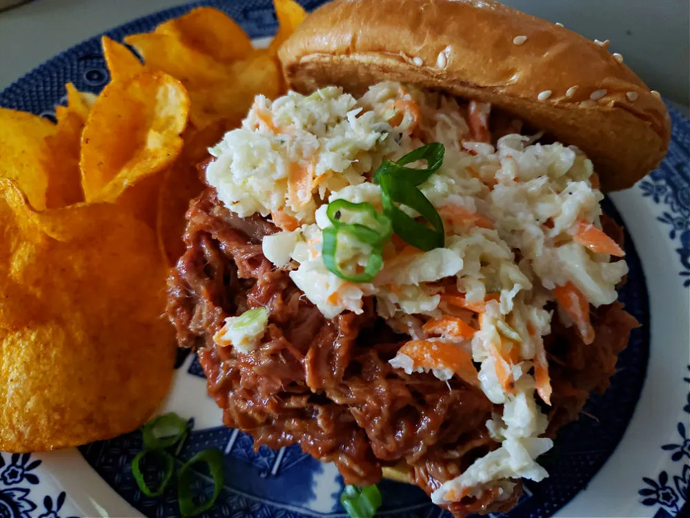 Southern coleslaw topped on a barbecued pulled pork sandwich served with chips