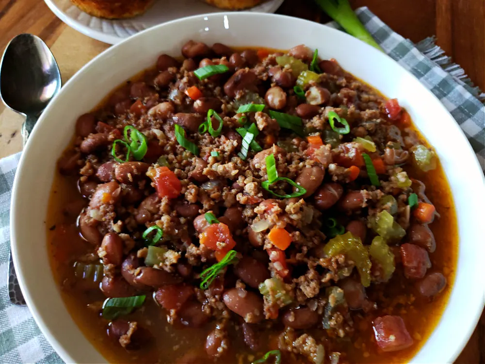 Cranberry Bean and sausage soup recipe in a serving bowl