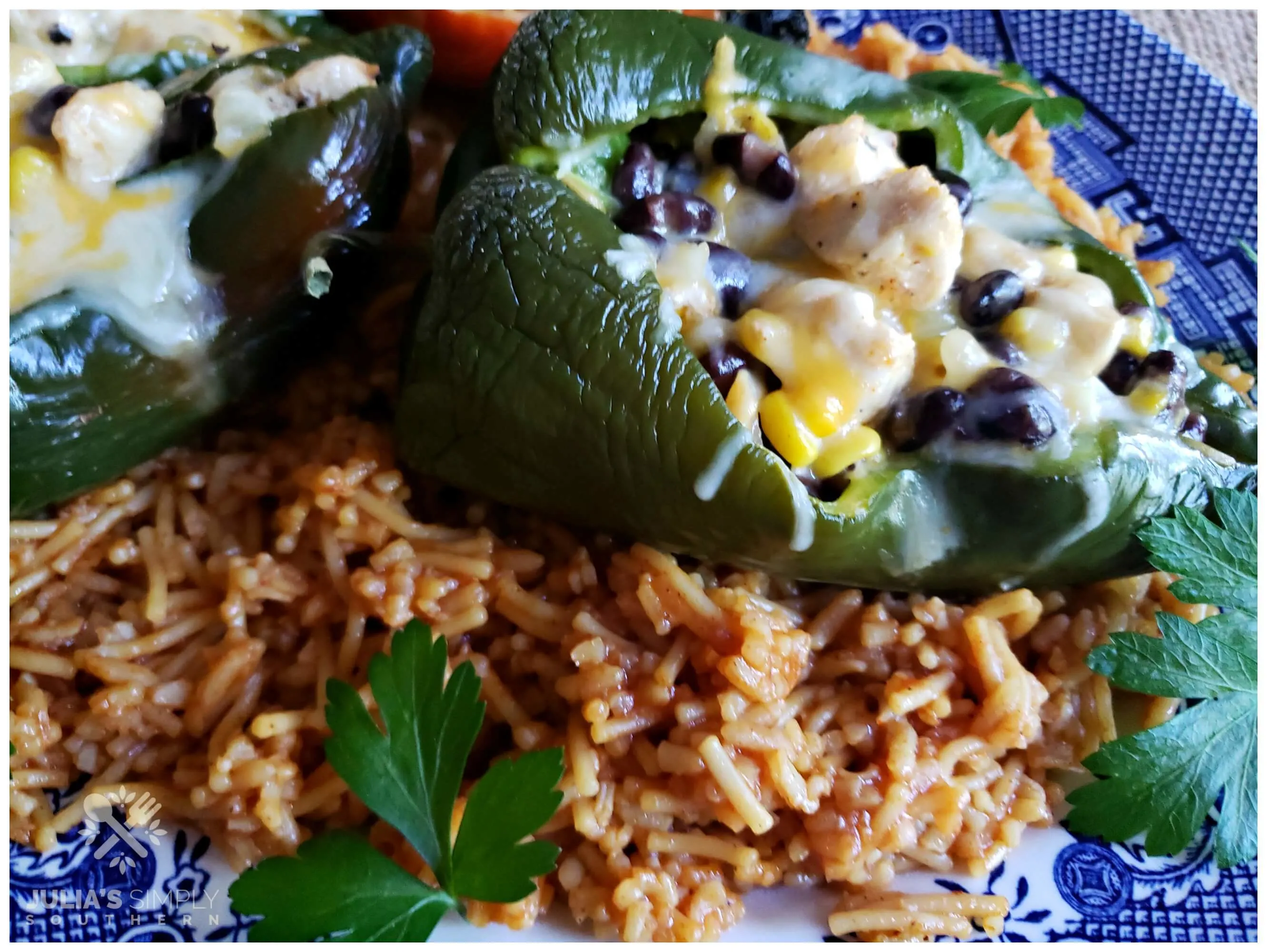 Spanish rice with stuffed poblano peppers are a delicious Southwestern style meal