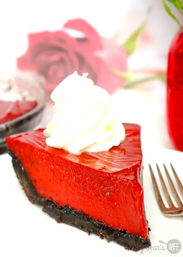Valentine's Day Red Velvet Cream Pie with whipped cream featured at Meal Plan Monday 250