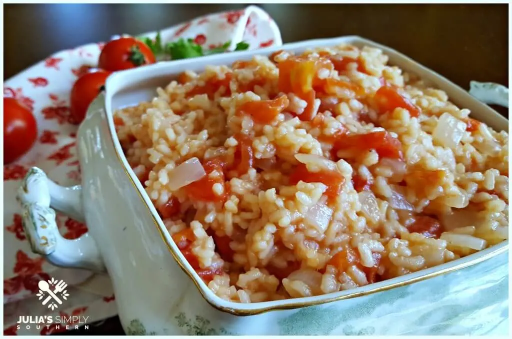 Side dish of old fashioned Southern Tomatoes and Rice in a vintage serving dish