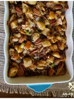 Sausage Pear Stuffing for the holidays in a casserole dish