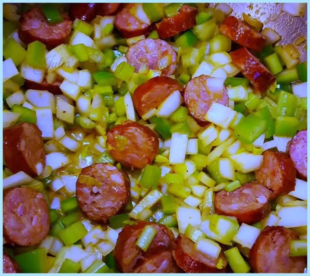 Saute - celery, onion, bell pepper with Andouille sausage