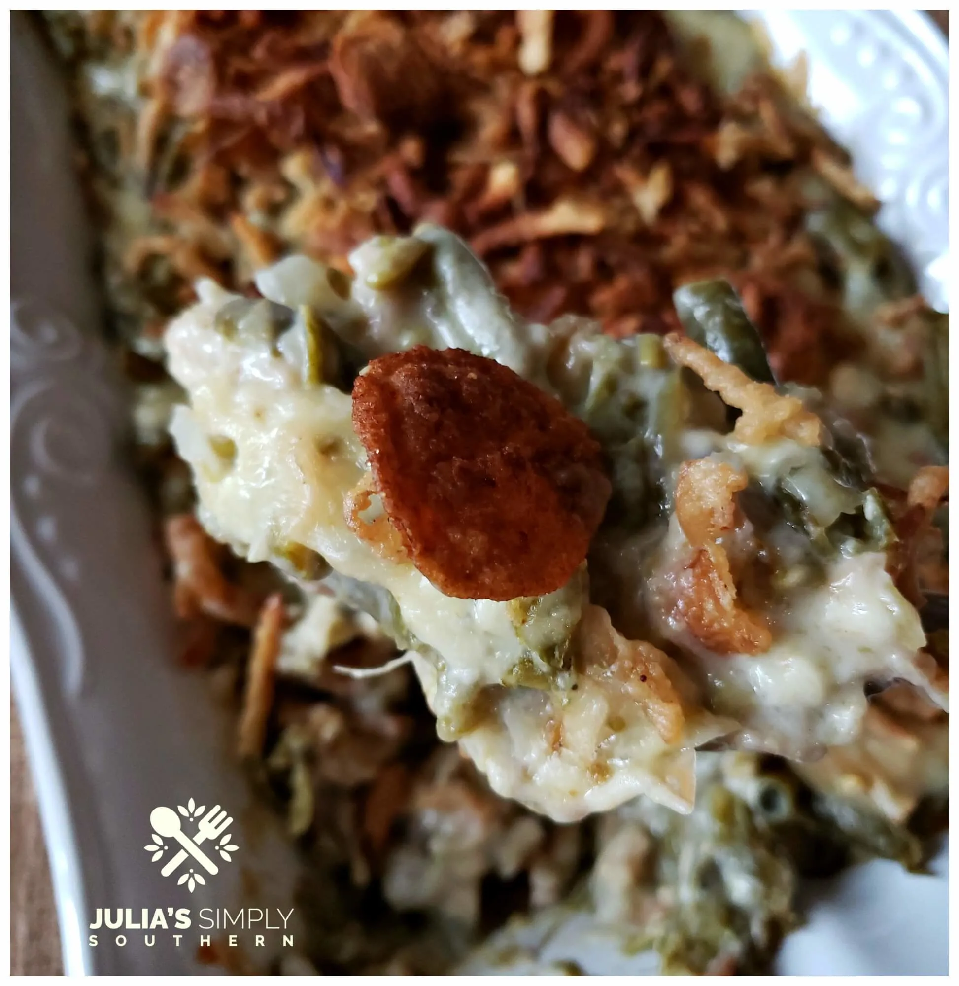 Serving of the best green bean casserole - tasty