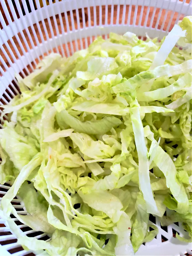 Washed shredded lettuce in a salad spinner basket