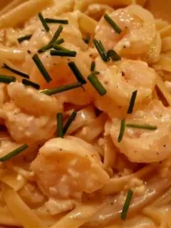 shrimp with garlic cream sauce over pasta and garnished with chives