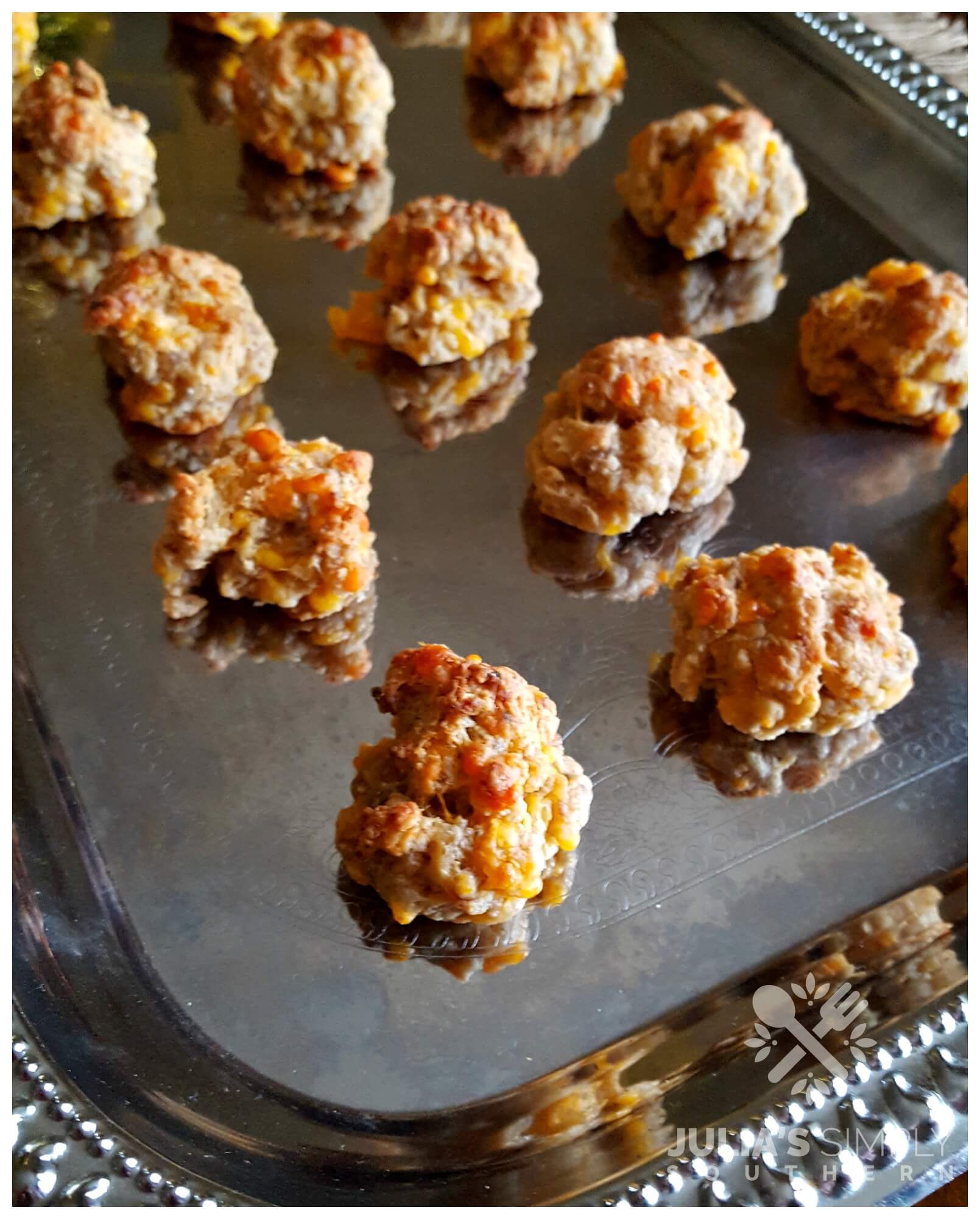 Silver tray with sausage ball appetizers