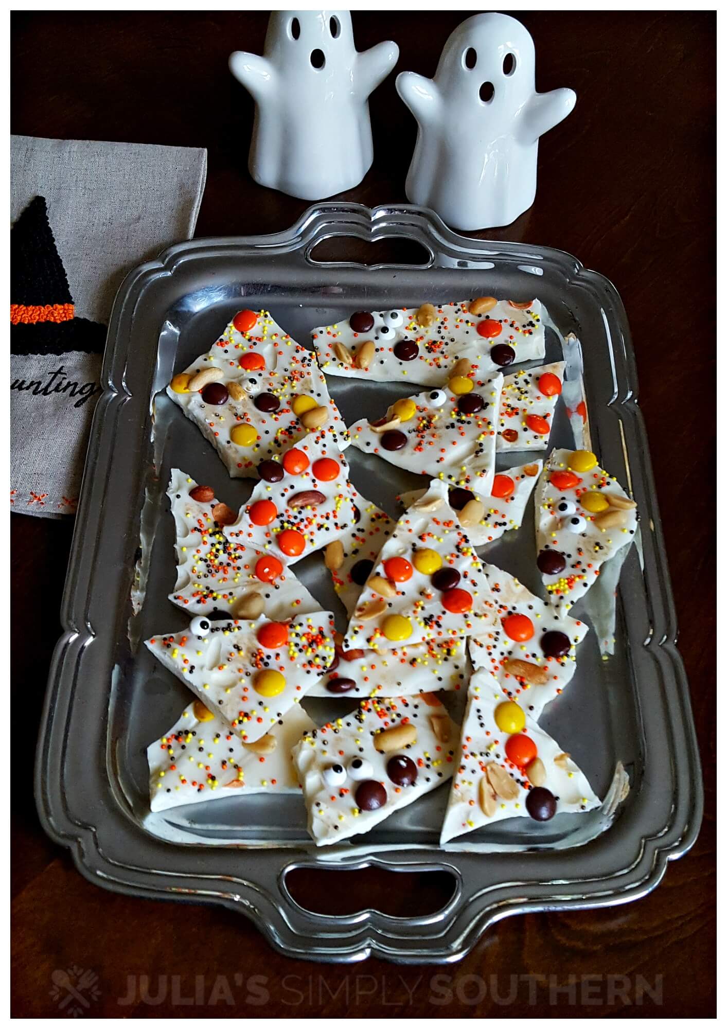 Silver serving tray with Halloween Bark Candy