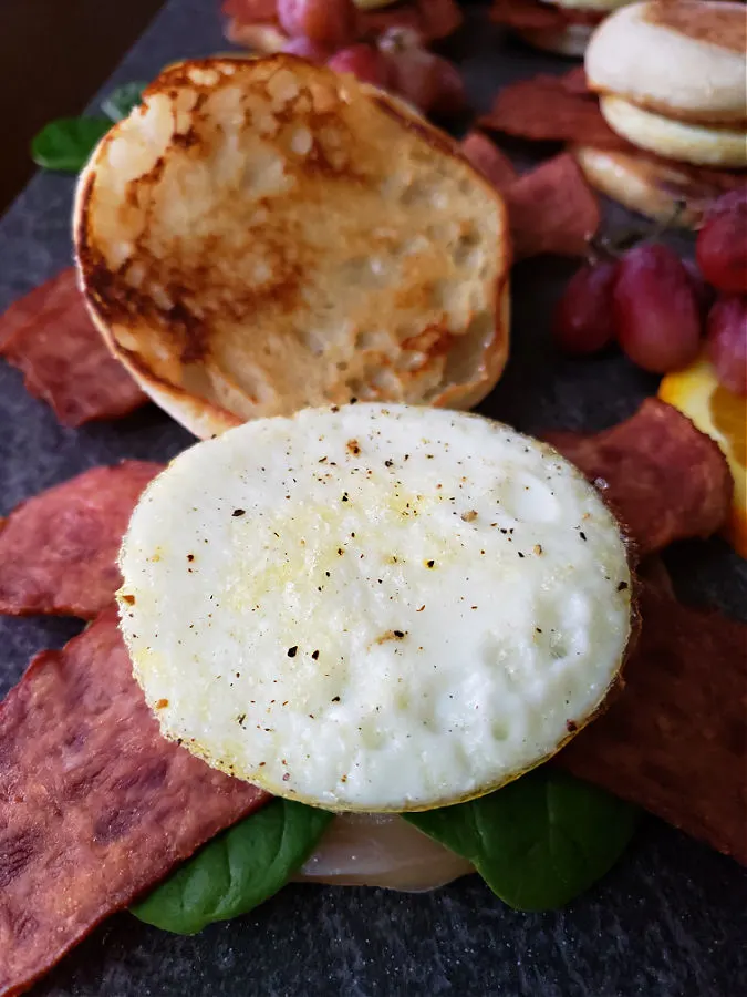 showing what is on the toasted breakfast muffin sandwich, a Starbuck copycat recipe with turkey bacon, egg white, and cheese. 