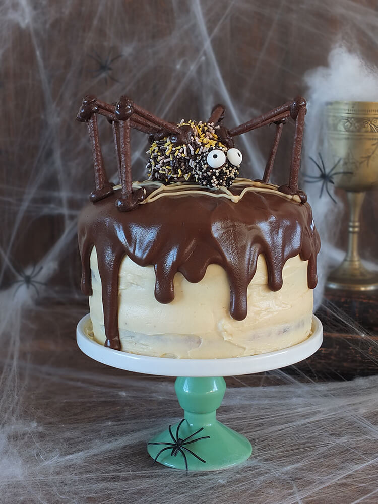 Peanut Butter Halloween Cake with a chocolate spider on top
