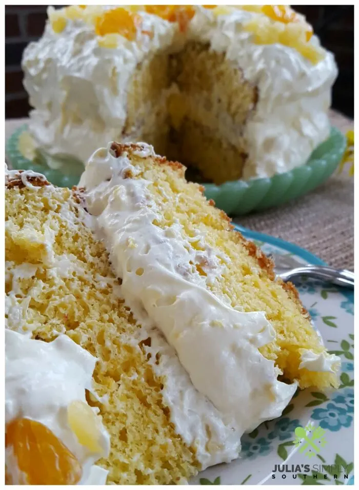 Mandarin Orange Pig Pickin Cake with Pineapple Whipped Frosting