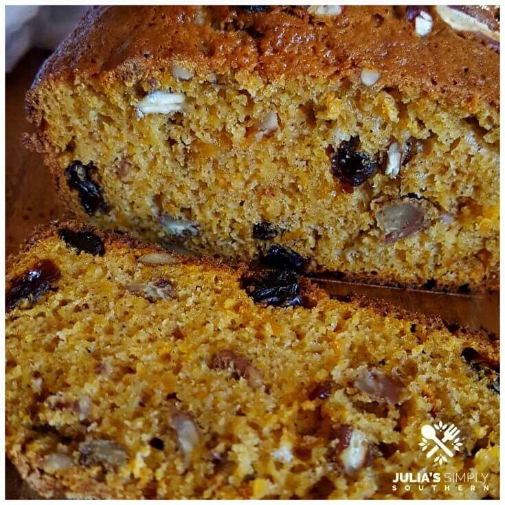 Granny's sweet potato bread with pecans and raisins that is moist and delicious.