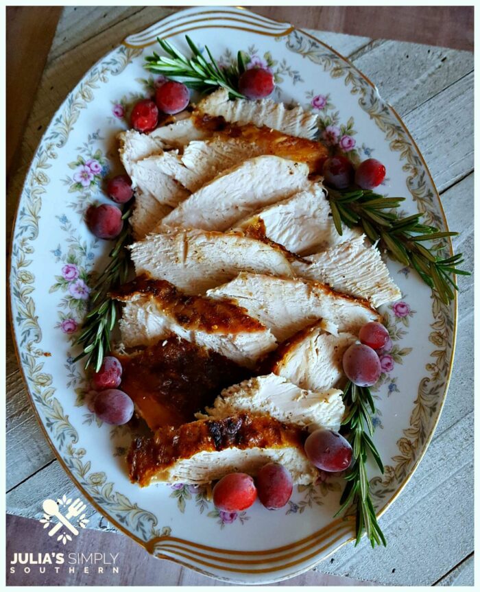 Platter of sliced grilled turkey breast for a small and easy dinner