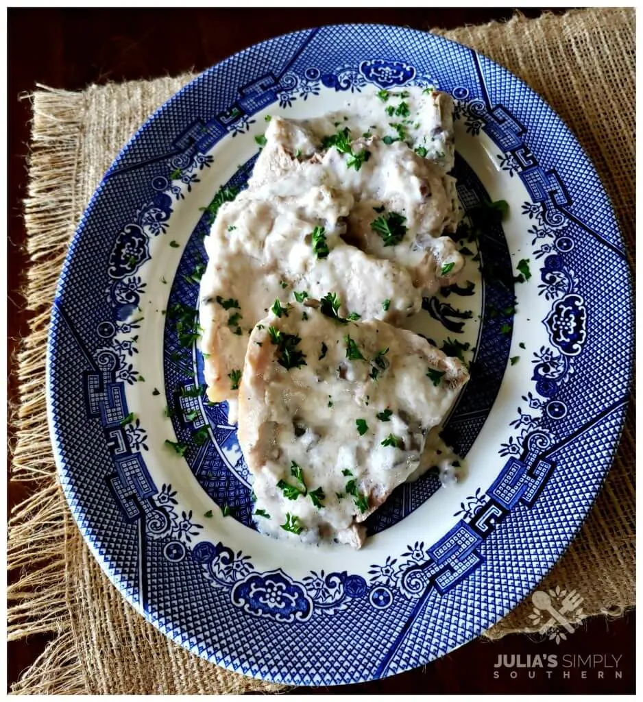 Blue and White vintage platter with baked cream of mushroom pork chops