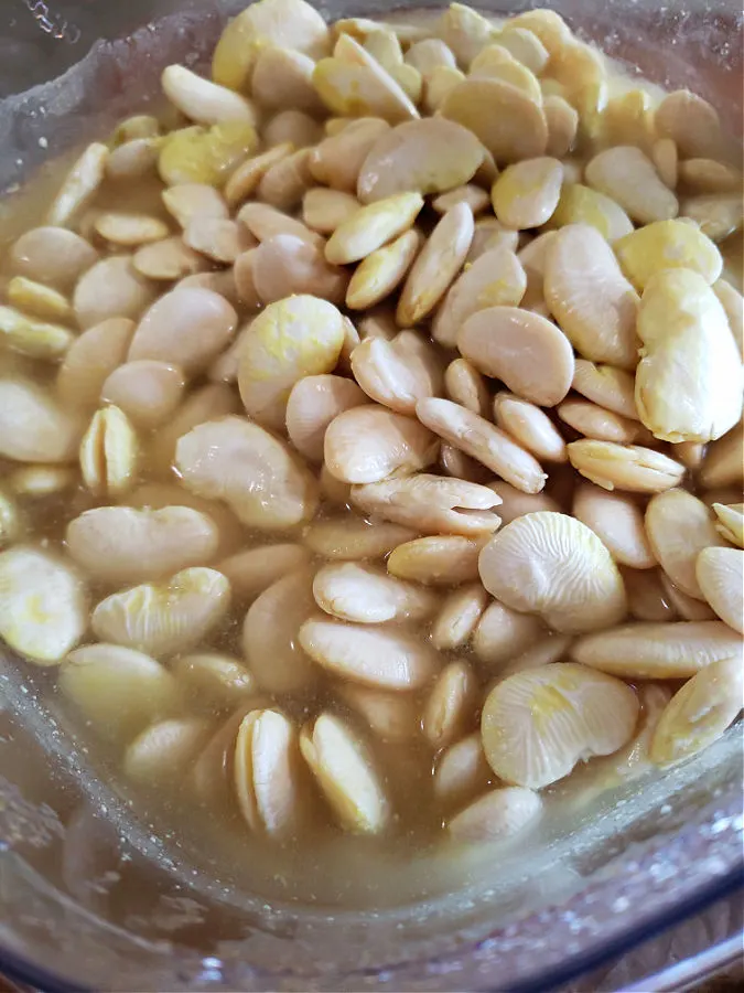soaking dried butter beans in a large bowl with chicken stock overnight to infuse flavor and soften