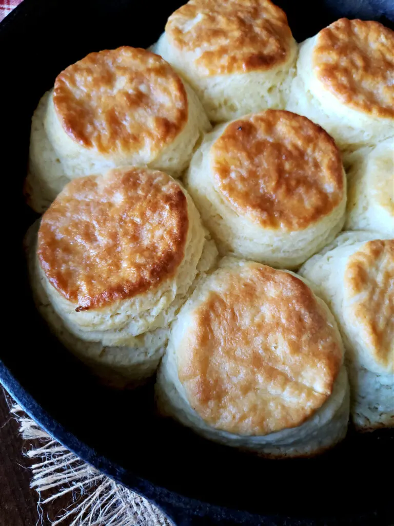 iron skillet of baked biscuits
