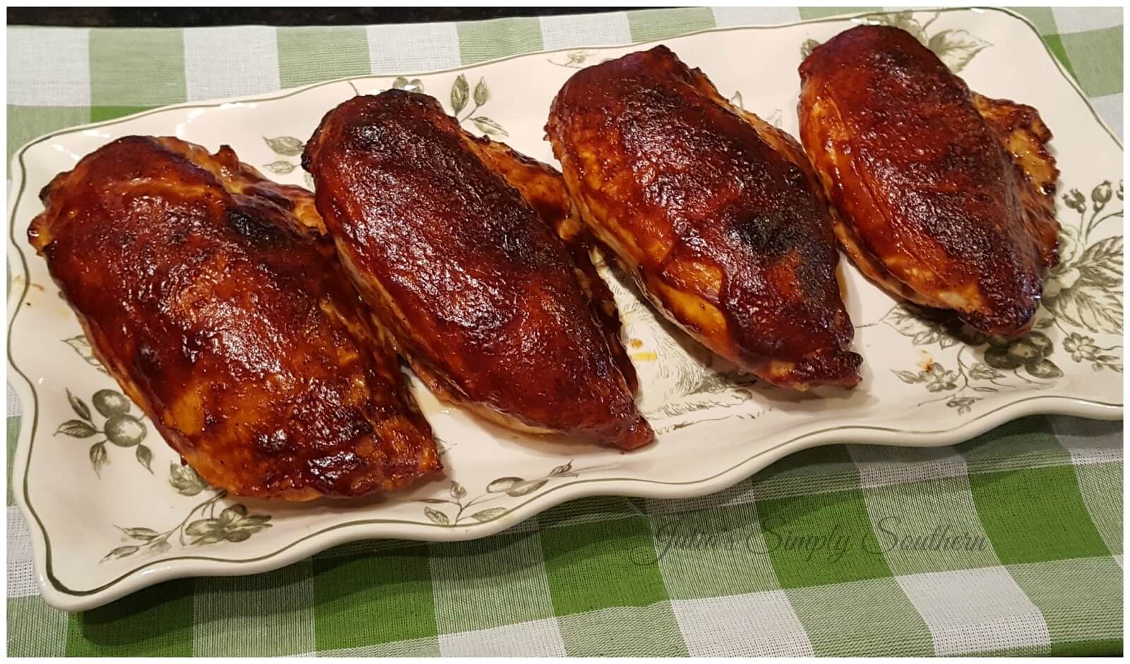 Baked chicken glazed with barbecue on a platter
