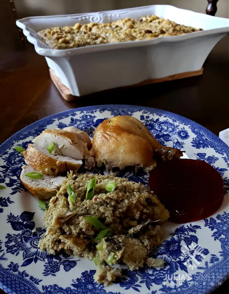 Southern Thanksgiving dinner on blue and white china