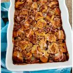 Rectangle baking dish with dessert - recipe for Pecan Pie Cinnamon Roll Bubble Up