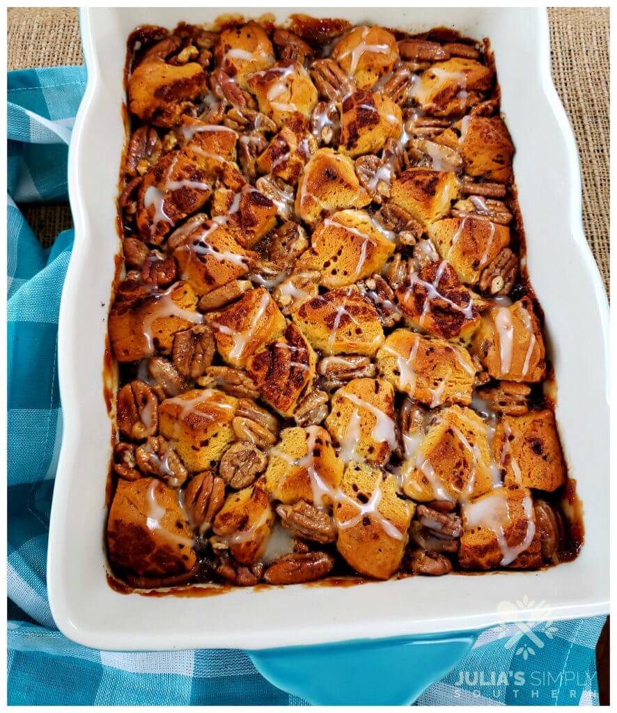 Rectangle baking dish with dessert - recipe for Pecan Pie Cinnamon Roll Bubble Up