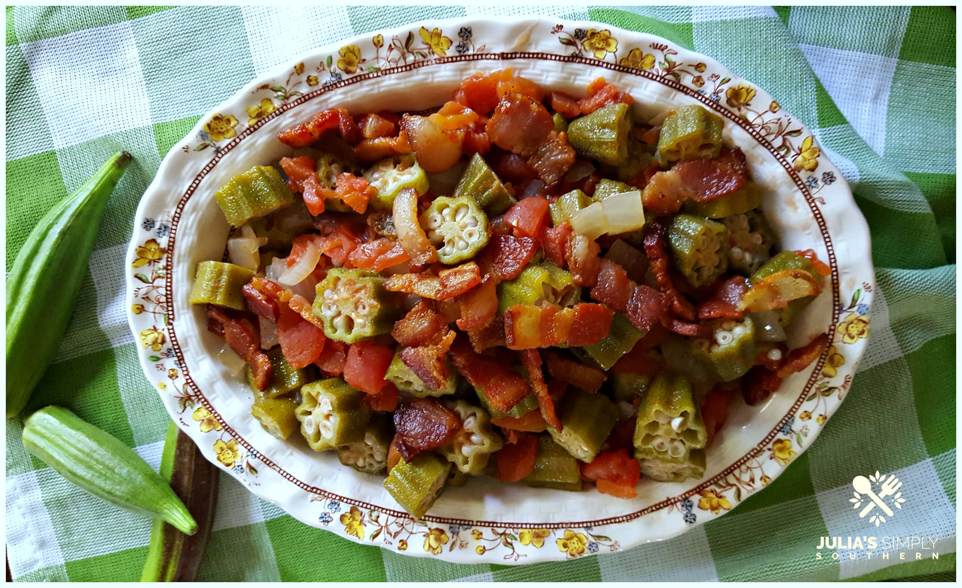 Southern okra and tomatoes - best signature side dish topped with bacon