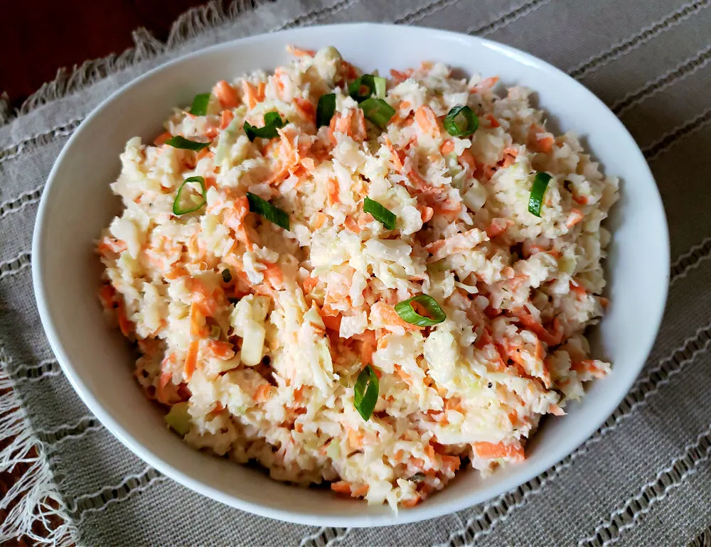 White serving bowl with Southern coleslaw