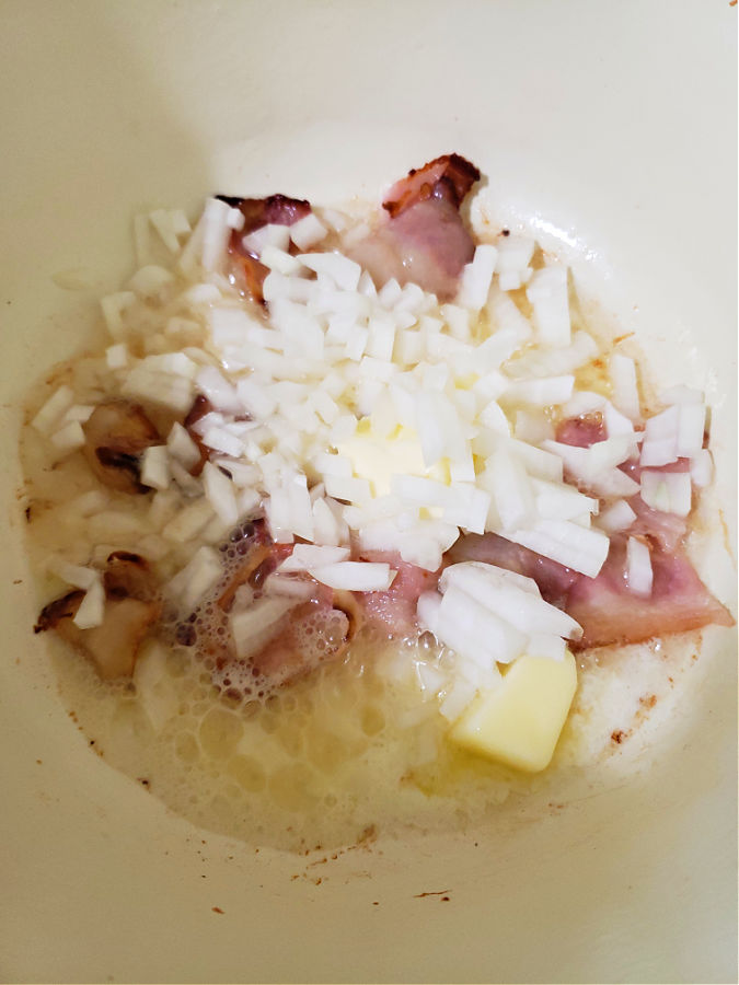 onion, butter, and bacon in a pot