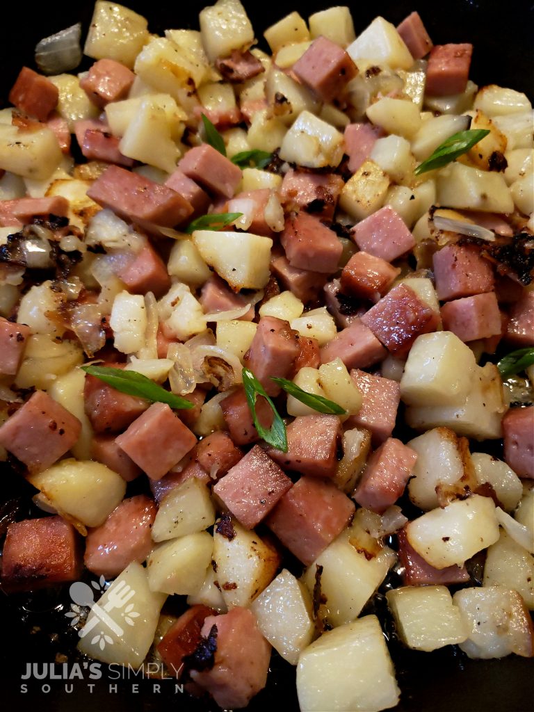 Surprisingly delicious Spam meal fried with potatoes for breakfast or dinner