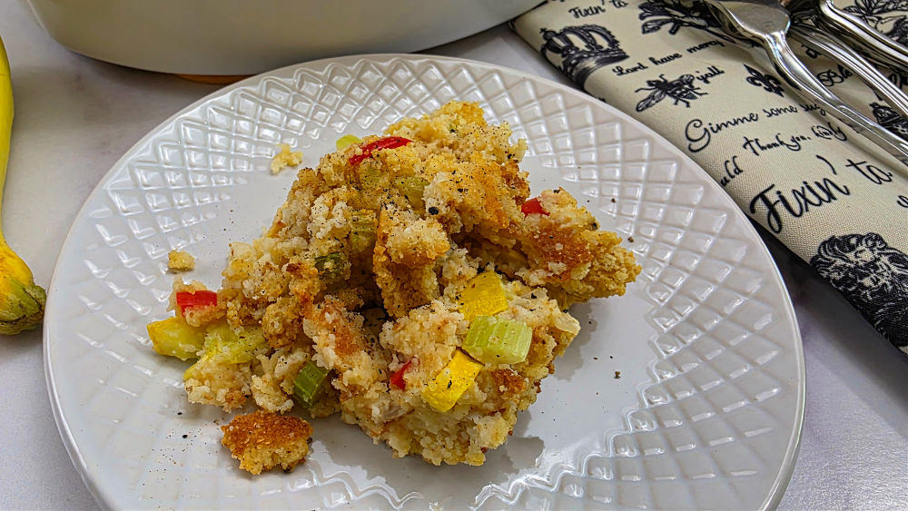 Cornbread squash dressing on a plate