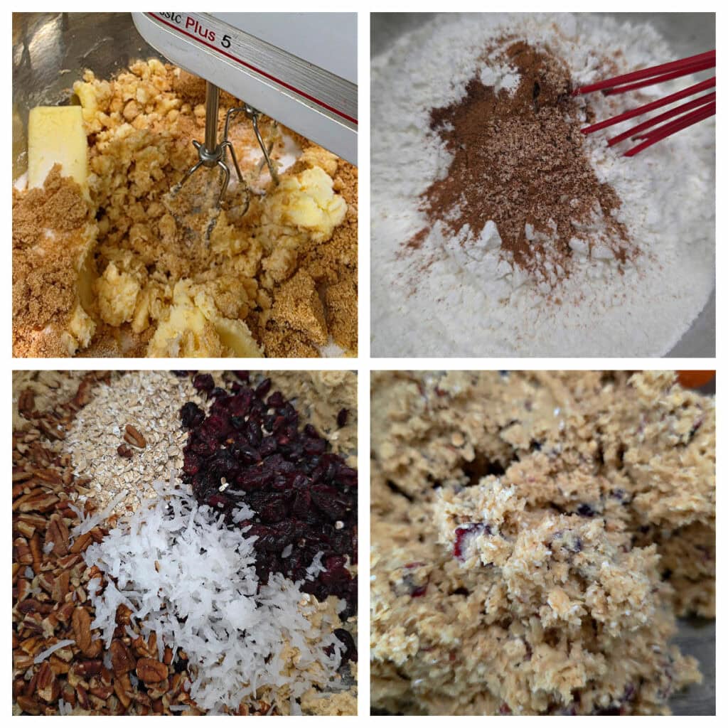 Collage of steps in preparing cookies with oatmeal, cranberries, and pecans with coconut