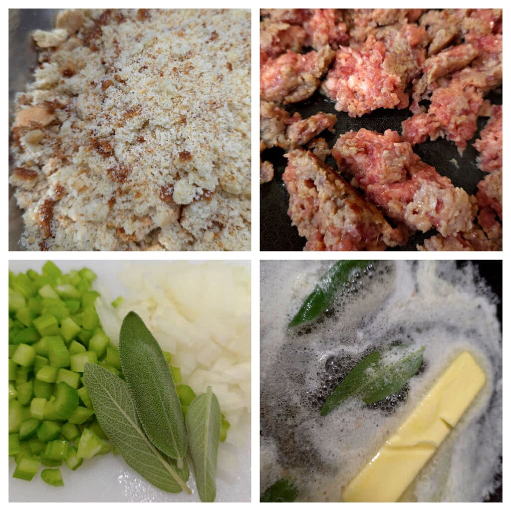 Collage of steps for preparing cornbread dressing with sausage, apple and sage