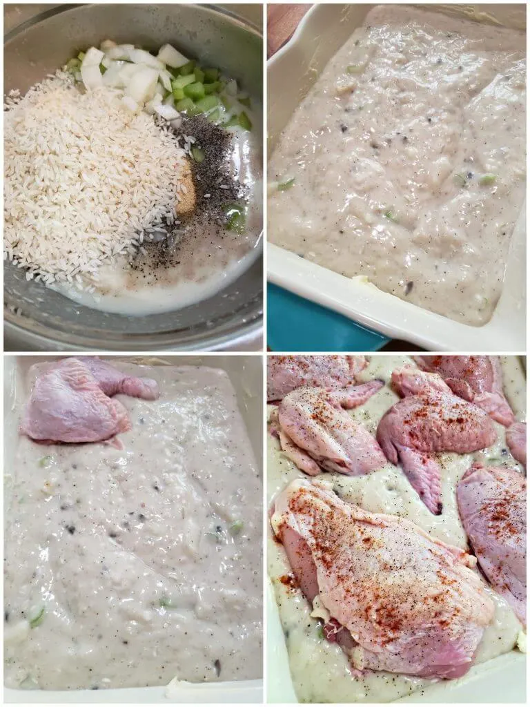 How to make baked chicken and rice - collage of preparation