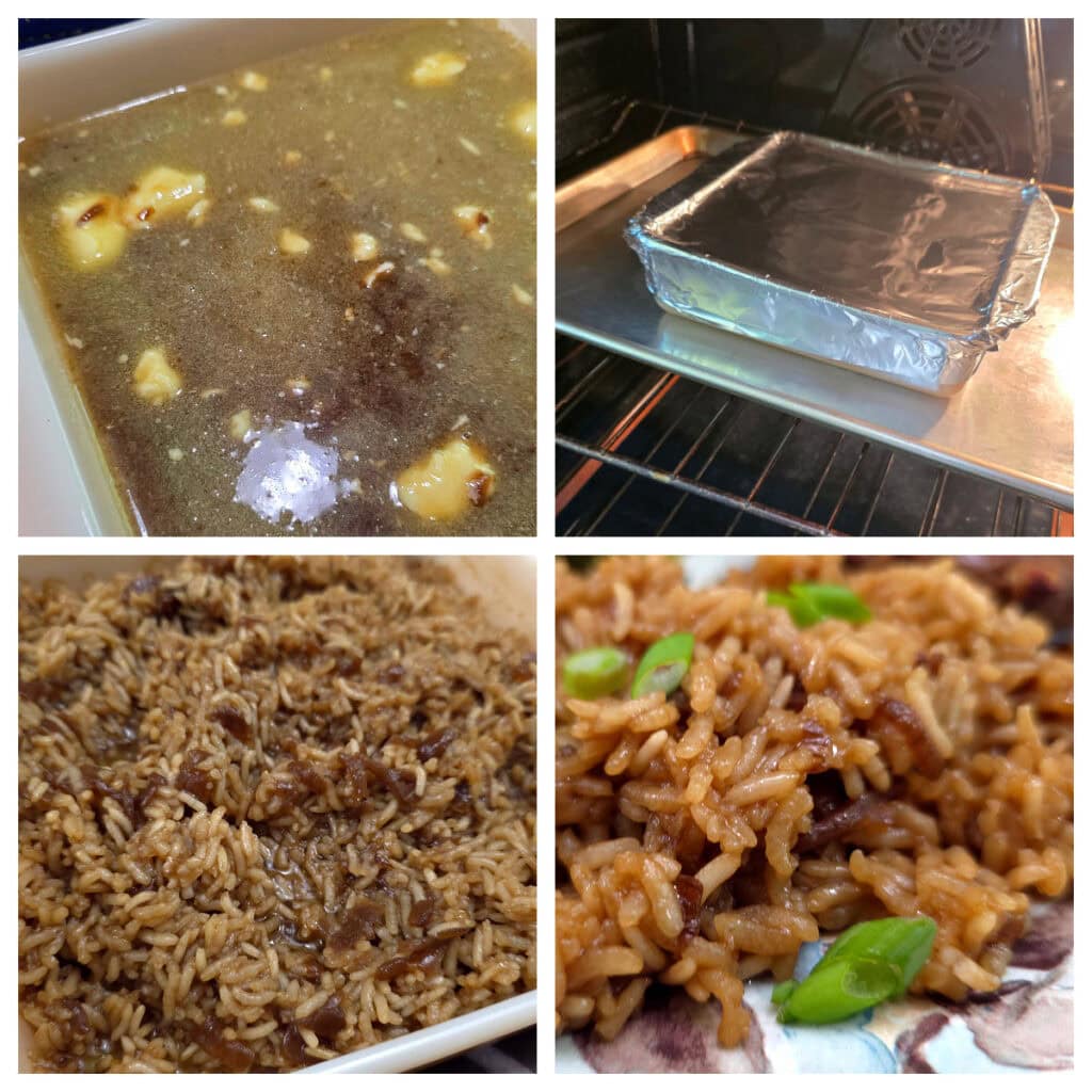 Collage of steps for preparing baked brown rice