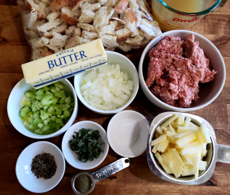 Ingredients for making sausage stuffing for Thanksgiving