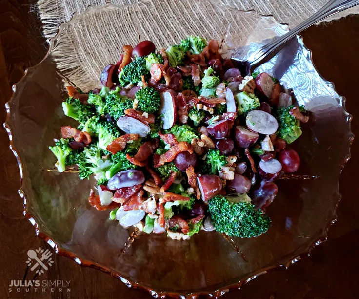 crunchy veggie salad in a glass dish