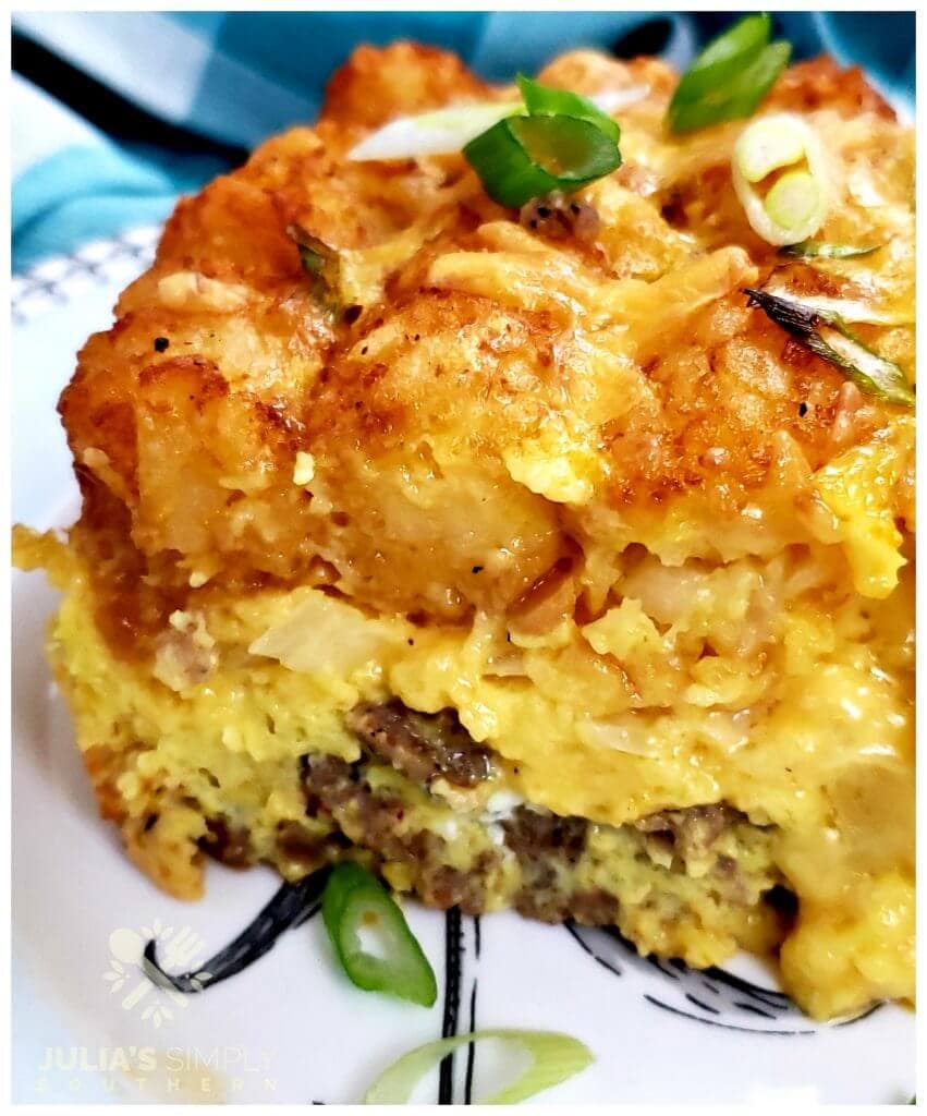 Serving of tater tot sausage egg breakfast casserole