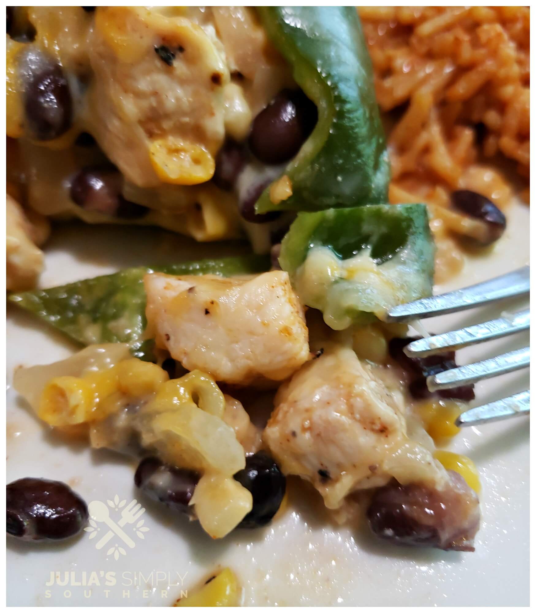 Bite of Southwest chicken stuffed poblano peppers with fresh corn and black beans with melted Mexican cheese blend.