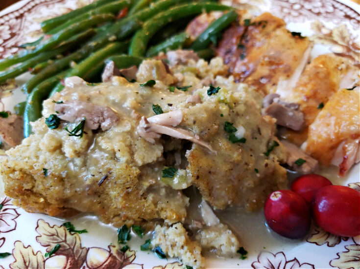 beautiful holiday plate of food with moist cornbread dressing sauteed green beans and roasted turkey with cranberry garnish and giblet gravy
