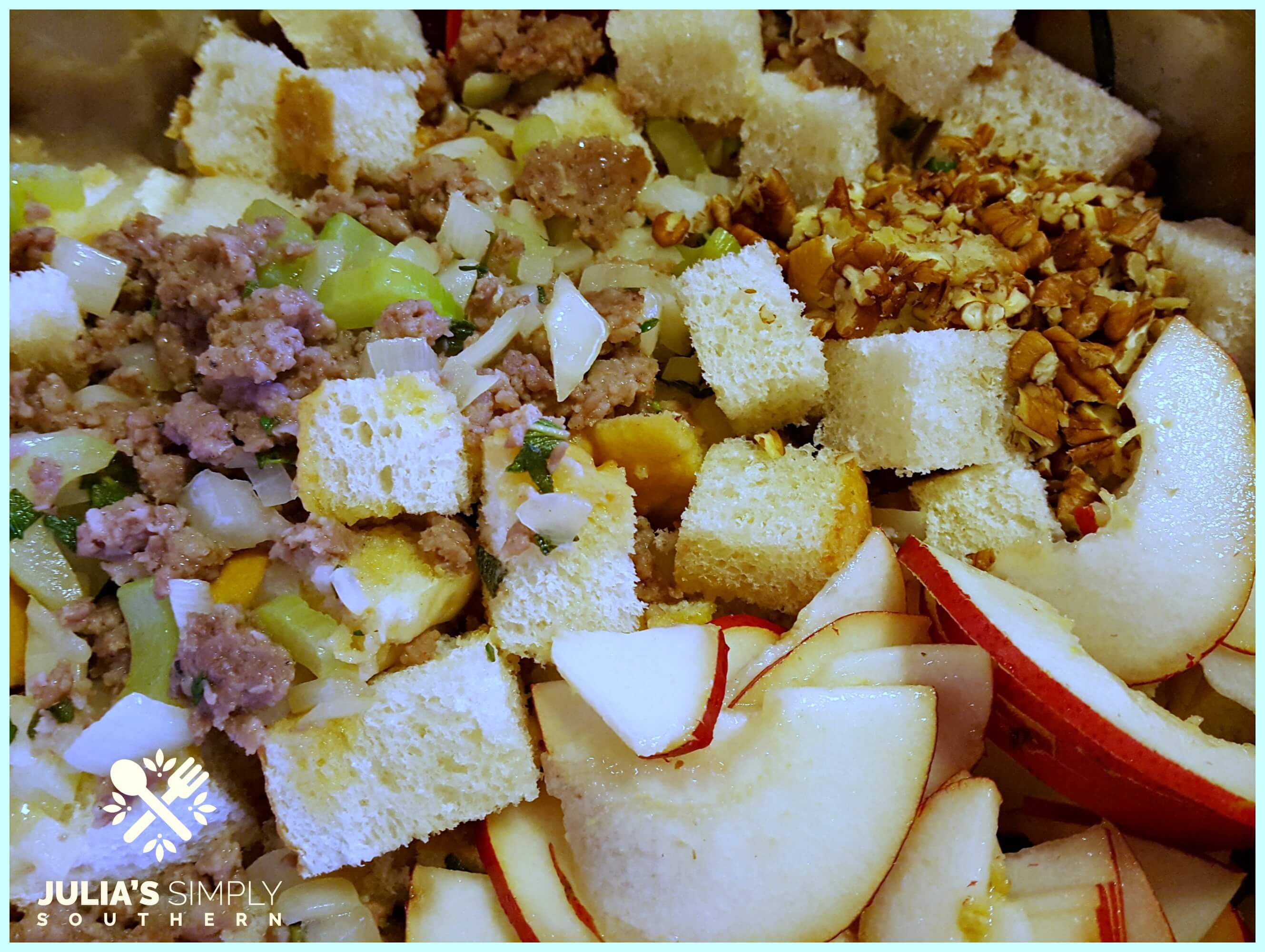 Thanksgiving sausage dressing, stuffing recipe with pear and pecans