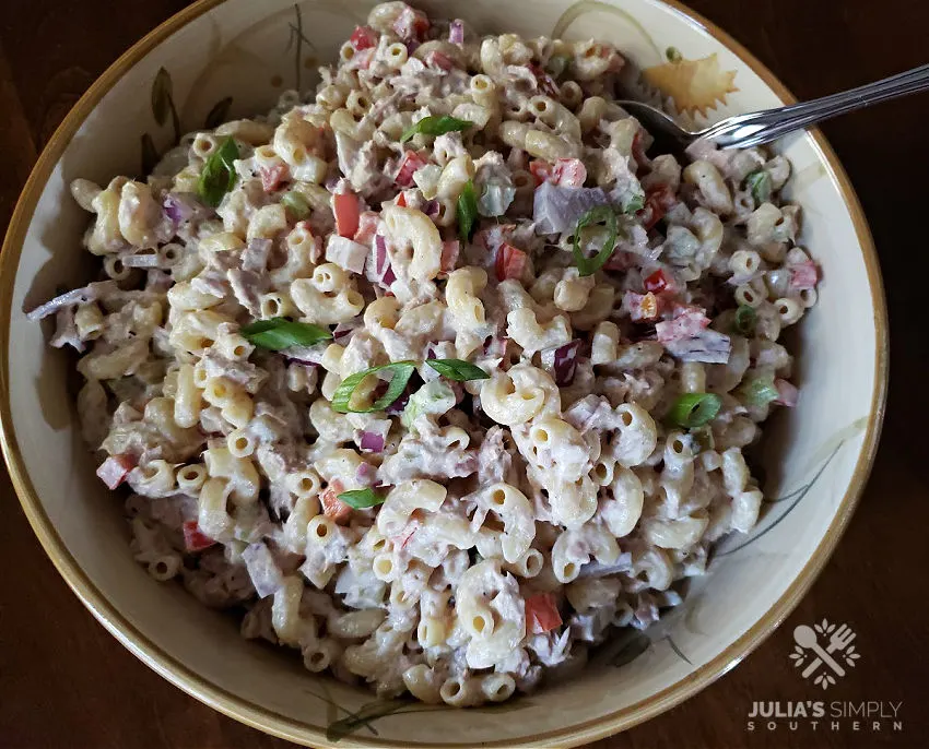 Tuna Macaroni Salad Recipe in a serving bowl with large serving spoon
